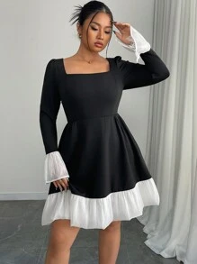 SHEIN Clasi Plus Size Solid Color Block Square Neck Long Sleeve Casual Black And White Mini Dress - Black - View 8