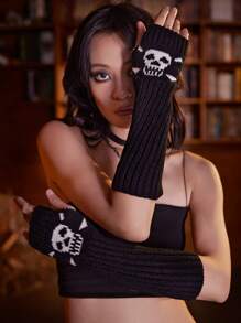 ROMWE Grunge Punk 1 双深色骷髅针织保暖臂套，适合日常穿着 - 黑色 - 查看 1