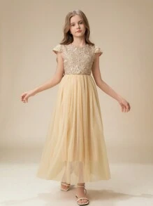 Tween Girl Lace & Mesh Patchwork Sleeveless Round Neck Elegant Party Dress, Flared A-Line Skirt, Suitable For Party, Valentine's Day, Wedding, Flower Girl & Bridesmaid