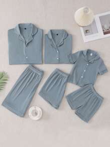 Men's Comfortable Casual Solid Color Short Sleeve Shirt And Shorts 2 Pieces Pajama Set - Baby Blue - View 3