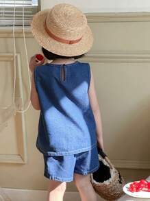 DAZY Young Girl Sleeveless Solid Color Top And Shorts Casual Denim Set, Minimalist And Fashionable For Everyday Wear - Blue - View 3