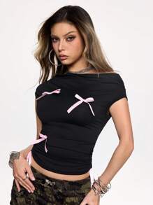 ROMWE Kawaii Y2K Shibuya Girl 风格紧肩褶饰蝴蝶结女式 T 恤 - 黑色 - 查看 4