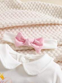 新生女婴春夏针织圆领长袖天鹅图案带蝴蝶结手套和头带和连脚连体衣套装 - 白色 - 查看 3