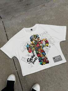 PAVTROS Áo thun nam họa tiết chữ thập và chữ thêu kim loại, áo thun ngắn tay họa tiết áo thun họa tiết áo thun họa tiết nam áo thun họa tiết áo thun họa tiết nam S - trắng - Xem 1