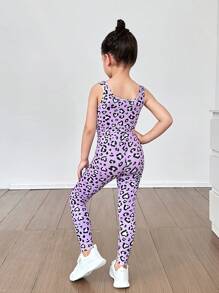 SHEIN Conjunto deportivo de top sin mangas y leggings de punto con estampado de leopardo para niñas jóvenes, de unicolor de punto, ropa de práctica elástica para niños.
