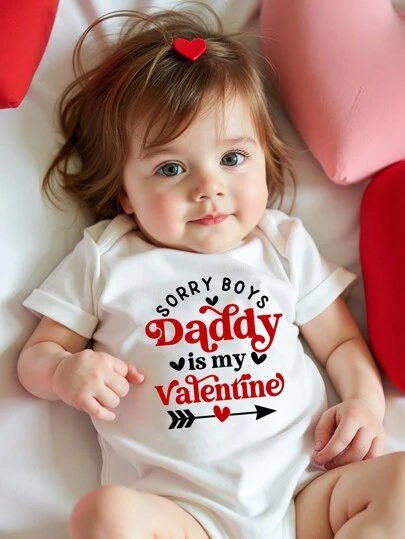 Baby Girls Casual Heart Graphic Letter Printed Short Sleeve Bodysuit Outfit For Valentine