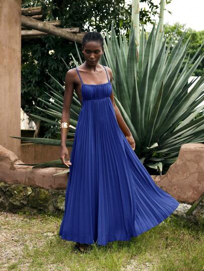 Maija Women's Blue Summer Vacation Dress, Modern Bohemian Solid Color Beach Outfit, Minimalist Sleeveless Pleated Tropical Holiday Dress, Elegant Ladies Vacation Dress  St Patrick's Day Women Easter Summer Outfits Easter Dress Women Party Top Beach Dress Summer Holiday Outfits Each Vacation Outfits For Women  Summer Outfit For Women Going Out Outfits Graduation Graduation Outfit  Casual Dresses  Casual Blouses For Women