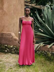 Maija Women's Raspberry Color Summer Vacation Outfit, Modern Bohemian Solid Color Women's Beach Wear, Minimalist Spaghetti Strap Pleated Sleeveless Tropical Holiday Dress, Elegant Women's Dress - Hot Pink - View 6
