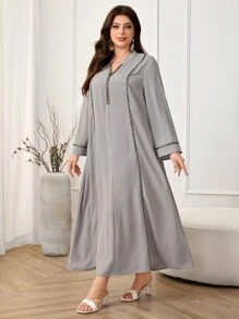 Al Najma Plus Size Women's Splice Ribbon Trim Loose Long Sleeve Traditional Arabic Style Dress, Modest Kaftan - Grey - View 5