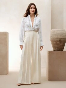 Anewsta 优雅纯色修身双褶阔腿女士裤，适合通勤