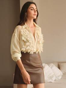 Anewsta 优雅花朵花瓣透视纯色领口衬衫，适合新年、情人节、度假、夏日海滩 - 黃色 - 查看 3