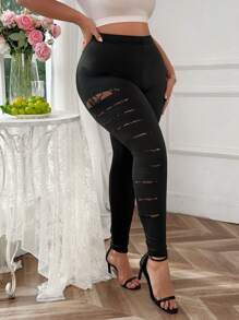 SHEIN Unity Leggings de punto transparente con encaje desgastado para mujer de talla grande - Negro - Ver 3