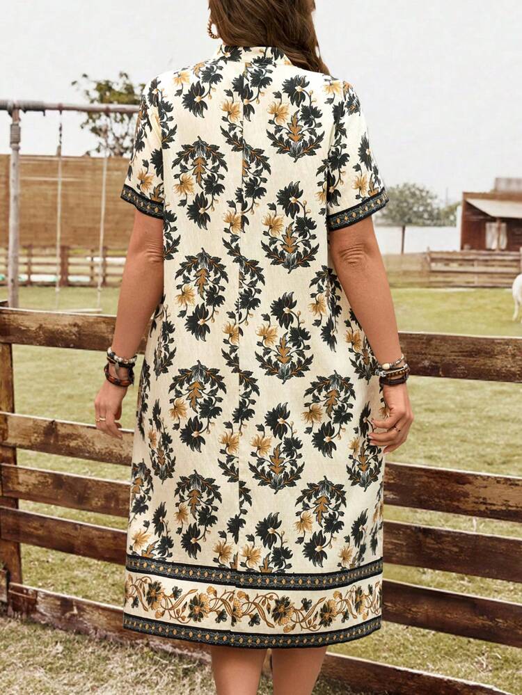 Plus Size Women Floral Print Pocket Casual Short Sleeve Dress For Vacation,Summer Outfits For Women,Western Wear Women