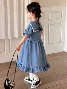 DAZY Young Girl Denim Pinafore Dress, Fall Outfit - Blue - View 6