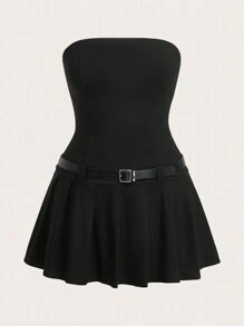 SHEIN EZwear Plus Size Zwarte Strapless Mini Jurk Met Geplooide, Rekbare Stof, Wordt Geleverd Met PU Tailleband, Lente/Zomer - Zwart - Bekijken 1