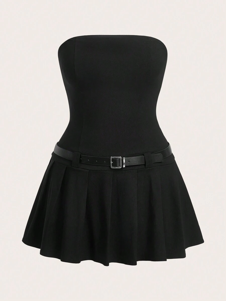 SHEIN EZwear Plus Size Zwarte Strapless Mini Jurk Met Geplooide, Rekbare Stof, Wordt Geleverd Met PU Tailleband, Lente/Zomer - Zwart - Bekijken 1