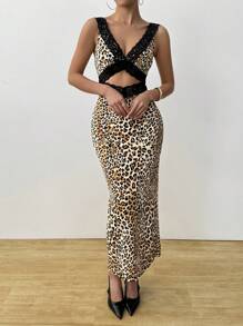 Chiquease Women Sexy Leopard Print Lace Patchwork Crop Top Sleeveless Dress, Spring/Summer