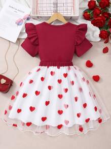 Tween Girls Solid Ribbed Top And Heart Net Skirt 2 Pieces Set - Red - View 2