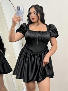SHEIN ICON Vestido evasé con mangas abullonadas y cintura anudada, talla grande, en negro, para la temporada de bodas, vestido de primavera