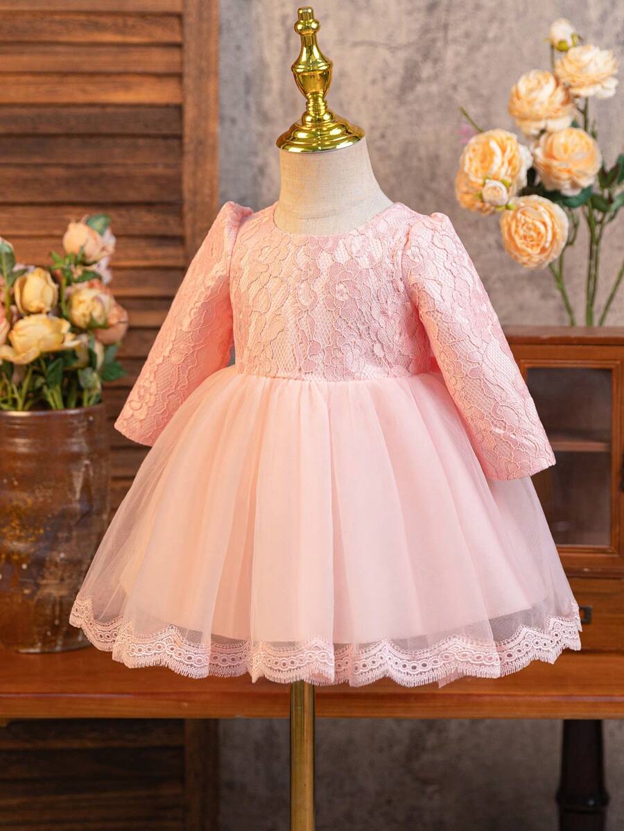 Glamorique Kids Baby Girl Lace Long Sleeve Tulle Puff Dress, Satin Wedding Flower Girl Dress, Christening Gown - Pink - View 1