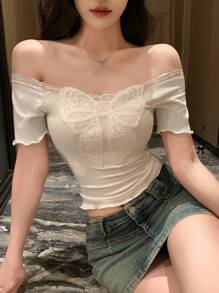 DAZY 女士休闲蝴蝶结短袖修身T恤，女士短款上衣 - 白色 - 查看 5