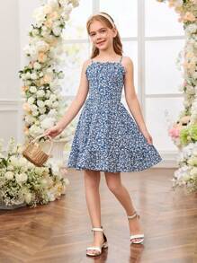 Fern Glow  Tween Girls Elegant Ditsy Floral Camisole Dress, Summer Vacation - Blue - View 5