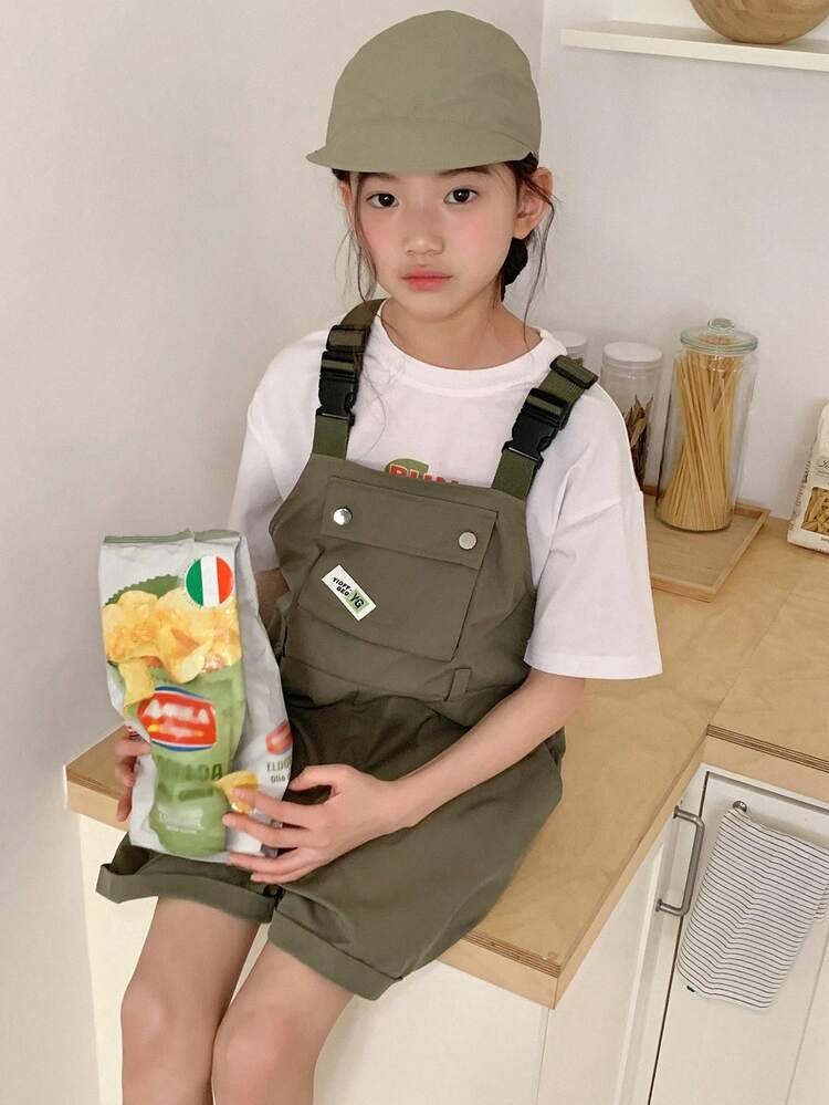 Tween Girl Letter Print Round Neck T-Shirt And Bib Shorts Set, 2pcs,Girls Summer Outfits,Back To School Clothes