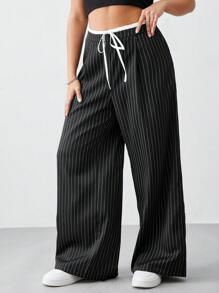 SHEIN BASICS Plus Size Solid Color Woven Casual Wide Leg Pants - Black - View 3