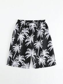 Teen Boy's Palm Tree Printed Drawstring Waist Beach Shorts - Black and White - View 5