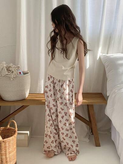 Dazy Kids 青少年女孩熊印花上衣和全身印花飘逸裤子睡衣套装，春夏季，返校服装