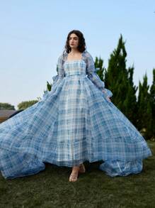 SHEIN MOD Women's Plaid Square Neck Lotus Leaf Sleeve Elegant Dress,Bow,Valentines Clothes,Summer Vacation,Spring/Summer,Brunch,Valentine Day,Beach Outfits For Woman,Valentine Day Outfit Women,Cruise Outfits Women Sexy,Easter,Western Wear Women,Gothic Women Clothes,2000s Style,Carnival,Wedding Guest Dress Women - Blue and White - View 1