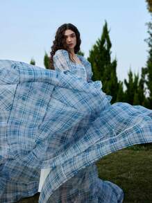 SHEIN MOD Women's Plaid Square Neck Lotus Leaf Sleeve Elegant Dress,Bow,Valentines Clothes,Summer Vacation,Spring/Summer,Brunch,Valentine Day,Beach Outfits For Woman,Valentine Day Outfit Women,Cruise Outfits Women Sexy,Easter,Western Wear Women,Gothic Women Clothes,2000s Style,Carnival,Wedding Guest Dress Women - Blue and White - View 5