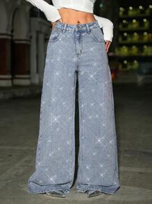 SHEIN ICON 女式前扣口袋简约休闲低腰水钻镶嵌 Y2K 情人节闪光亮片宽松女式牛仔裤音乐会女装，秋季女装 - 淺色水洗藍 - 查看 5