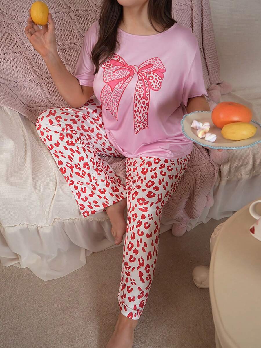 Plus Size Leopard Print Bow Short Sleeve Pajama Set For Valentine's Day - Multicolor - View 1
