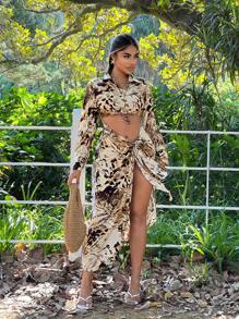 SHEIN SXY Early Spring Sexy Shirt Graphic Slit Shirt Dress - Brown - View 3