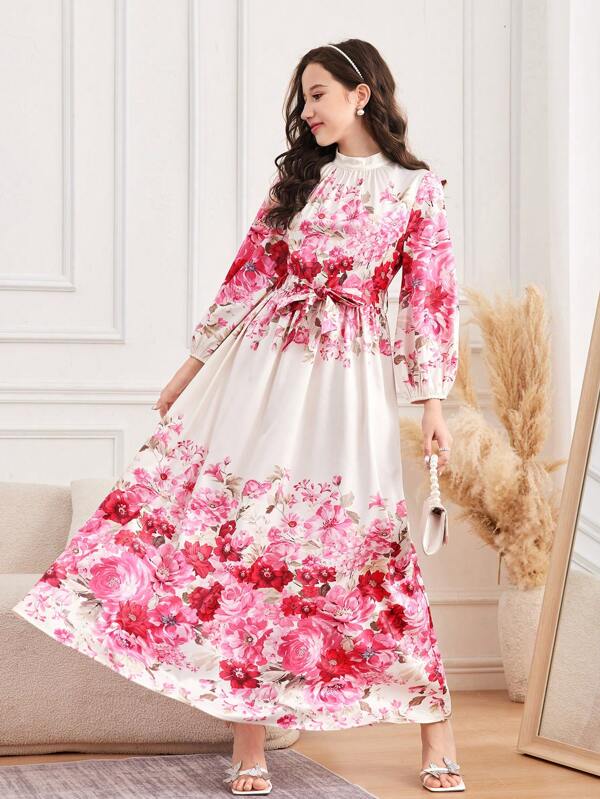 SHEIN Teen Girls' Long Sleeve Floral Print Dress, Elegant And Graceful Style For Holiday, Party, Wedding, Suitable For Spring And Summer