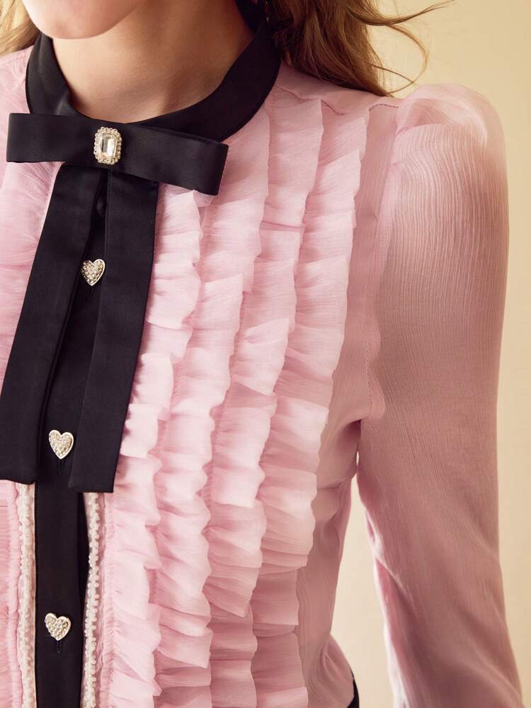 CONTRAST BINDING RUFFLE TRIM BLOUSE,SPRING/SUMMER