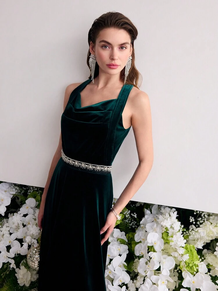 VELVET DRAPED ZIPPER DRESS