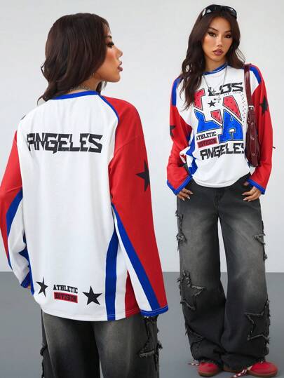 SHEIN EZwear Camiseta de cuello redondo oversize con gráficos de estilo de piloto de carreras de primavera para mujer, con bloques de color