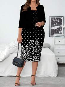 SHEIN Clasi 大码纯色长袖上衣和休闲连衣裙 2 件套