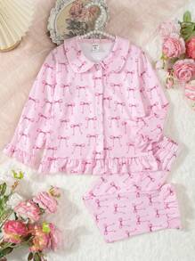 SHEIN 2 件套年轻女孩情人节粉色蝴蝶印花开衫和裤子休闲舒适家居服 - 淺粉色 - 查看 3