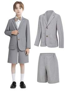 SHEIN Leap Crew 2pcs/Set Tween Boy Casual Blazer Jacket & Shorts Set, Suitable For School, Commute, Formal Occasions, Parties, Spring, Summer, Autumn, Winter - Grey - View 1
