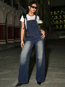 SHEIN ICON 女士口袋宽松 Y2K 外出牛仔连体裤 - 深色水洗藍 - 查看 4