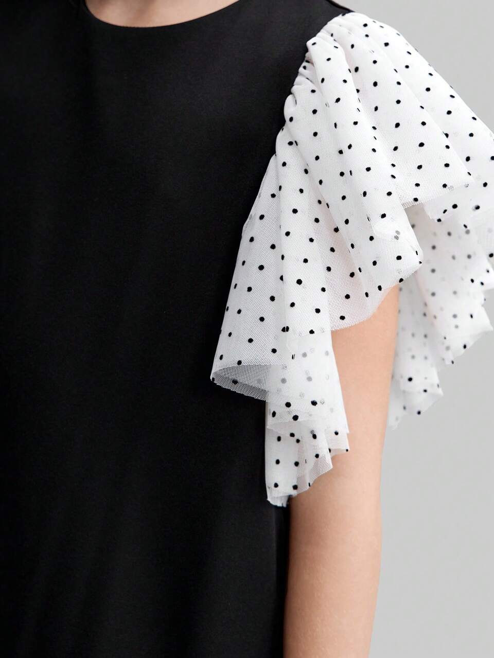 Tween Girls Loose Casual Polka Dot Contrast Mesh Overlay Dress