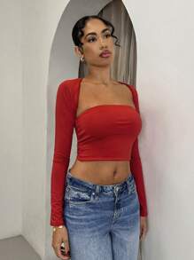 Glamine 2 Pieces Sets Red Color Cut Out  Long Sleeve Crop Top,Going Out T-Shirt,Basic Top,Date Night Outfits,Rave Outfits Festival,Valentine's Day T-Shirt