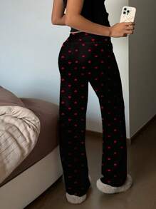 SHEIN EZwear Quần tập yoga Palazzo cạp thấp màu đen thiết kế hình trái tim có dây rút dùng ở nhà - màu đen - Xem 4