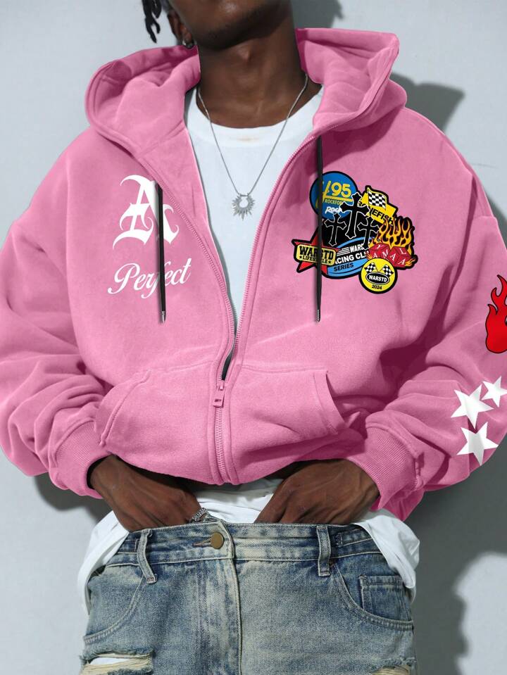 Manfinity EMRG Men's Front Zip Up Pocket Casual Pink Hoodie