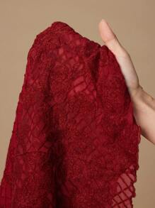 Anewsta Crochet Hollow High Collar Asymmetrical Ruffle Cuff Fitted Crochet Top - Red - View 8