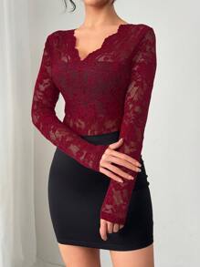 Firerie Women's Elegant & Sexy See-Through Lace Fitted Blouse - Burgundy - View 7