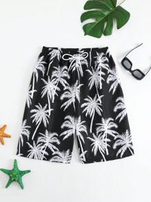 Teen Boy's Palm Tree Printed Drawstring Waist Beach Shorts - Black and White - View 3
